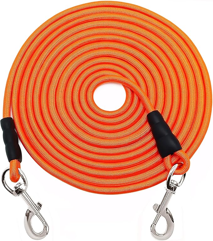 15FT Tie Out Rope Dog Lead, 20ft 30ft 50ft 65ft Long Dog Tether Nylon Check Cord for Medium Large Dogs Outdoor Camping Backyard of Leash Training Tie Down (Orange, 3/8")