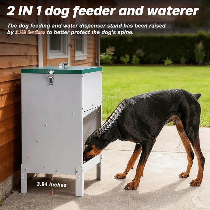 38L Automatic Dog Feeder and 6L Water Bowl Dispenser,Auto Dog Waterer Large Capacity Metal Gravity Dry Food Feeder with 3.94" Stand Outdoor Station for Large Breed Big Dogs Cat Pet