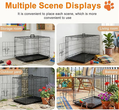 FDW 24inch Dog Crate Pet Cage with Metal Folding Design Plastic Tray Indoor Outdoor Dog Kennel Cage for Small Dogs,Black