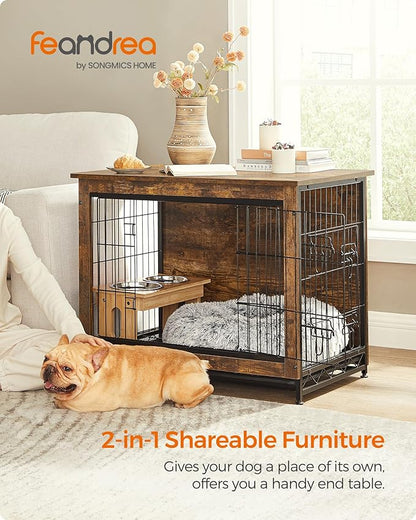 Feandrea 32.5" Dog Crate Furniture, Indoor Dog Cage Side End Table, L Pet Wood Kennel for Large and Medium Dogs up to 45 lb with Multi-Purpose Removable Tray, Double-Door Pet House, Rustic Brown