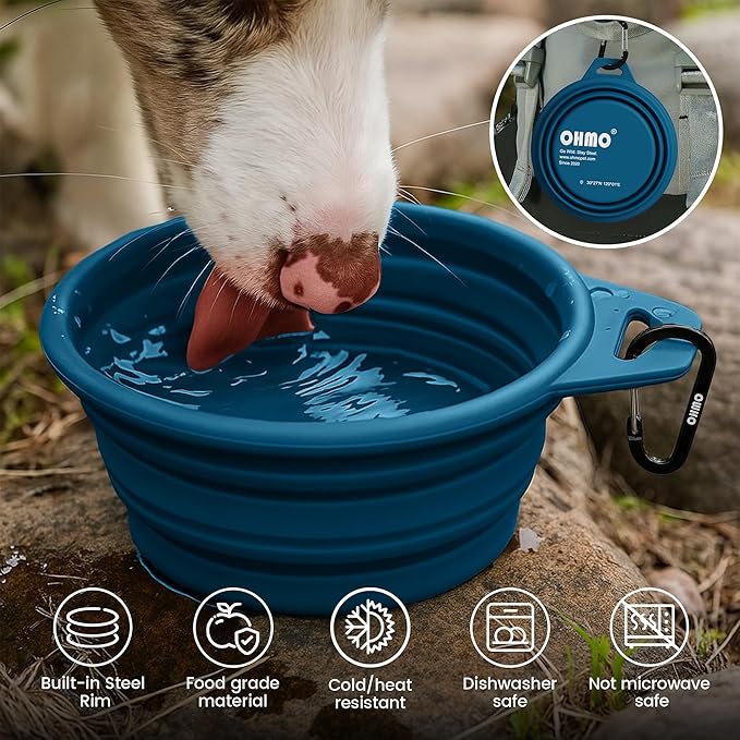 OHMO Collapsible Dog Water Bowls w/Built-in Stainless Steel Ring – 2pcs Large 27oz/800ml Portable Silicone Pet Feeding Bowl for Hiking, Camping, Travel
