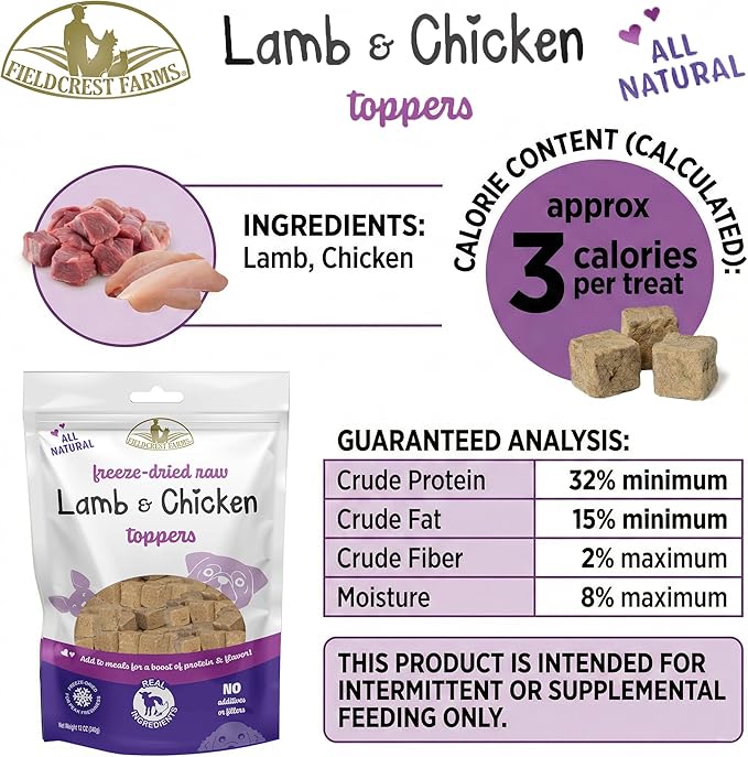 Fieldcrest Farms Freeze-Dried Raw Lamb & Chicken Dog Food Toppers or Treats, All Natural, Real Ingredients, No Additives or Fillers, Protein & Flavor Boost, 12 oz