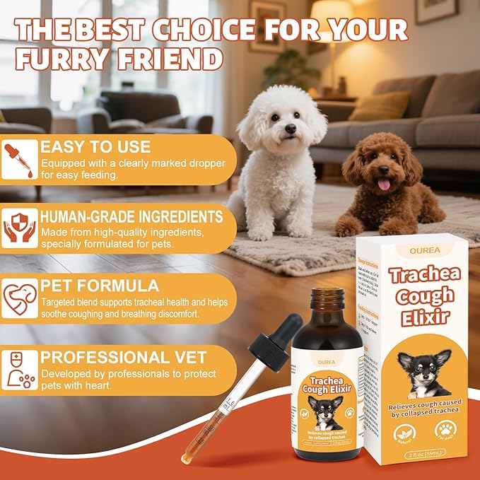 Ourea Collapsed Trachea Treatment for Dogs, Dog Cough Treatment, Trachea Cough Elixir, Natural Herbs Help Dogs Breathe Smoothly and Support Tracheal & Respiratory Health (2 fl oz)