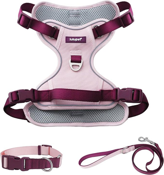 3 in 1 No Pull Dog Harness Leash and Collar Set, Soft Adjustable Dogs Vest Reflective and Comfortable Handle Pink X-Large