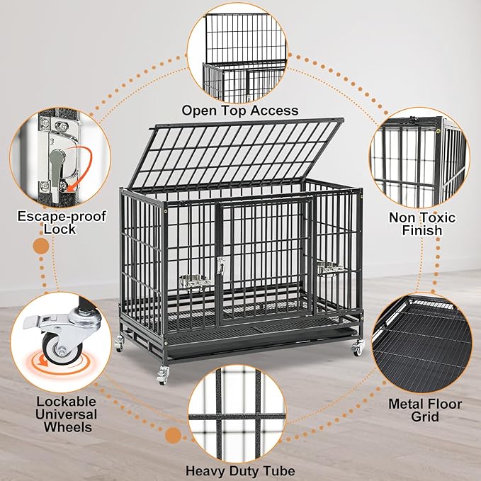 Homey Pet 2 Pack Three Levels 37 Inch Dog Crate, Escape Proof Dog Cage Kennel Indoor with Top Access and Lockable Wheels, Removable Tray, Heavy Duty Dog Crates for Medium/Small Dogs