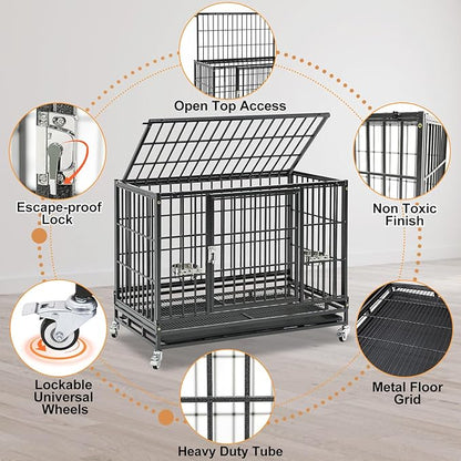 Homey Pet 37 Inch Heavy Duty Dog Crate Indestructible, Collapsible Dog Cage with Lockable Wheels, Removable Tray, High Anxiety Dog Kennel Indoor, Two Tiers Stackable Dog Crates for Medium Dogs