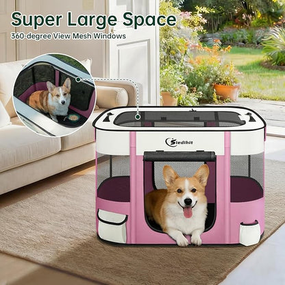 Dog Playpen,Cat Pet Puppy Pen,Portable Playpens for Dogs Indoor Outdoor Travel Camping Use,Foldable Dog Kennel Tent Crate for Rabbit Small Animals with Carrying Case (Pink, Medium)