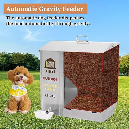 Xinyi Stainless Steel Dog Feeder and Waterer 2-in-1, Gravity Dog Feeder, Aluminum Alloy Water Cup, Automatic Feeder Waterpoof and Sturdy, Transparent Acrylic Observation Window, 3.7 Gallon