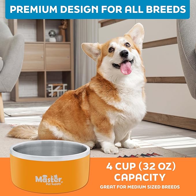 Master Pet Supply Stainless Steel Dog Bowls - 32 oz, Heavy Duty - Mango Tango, Double Wall Extra-Thick Insulated, Non-Slip Pet Water Bowl for Dogs, Cats & Pets, Anti Rust Metal, Dish Washer Safe