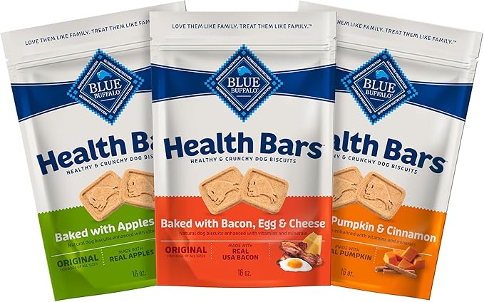 Blue Buffalo Health Bars Crunchy Dog Biscuits, Variety Pack, Bacon, Egg & Cheese, Apple & Yogurt, Pumpkin & Cinnamon, 16-oz Bags