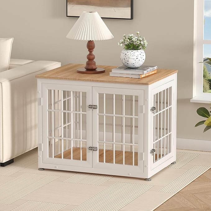 rehomerance 32 Inch Heavy Duty Dog Crate Furniture for Medium and Small Dogs, Decorative Pet House End Table, Wooden Cage Kennel Furniture Indoor, Natural and White