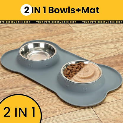 Conlun Medium Pet Feeding Station, 29oz Stainless Steel Dog Bowls Set, No Spill Food & Water Dishes with Non Slip Silicone Mat for Breeds Up to 55 Lbs, Grey