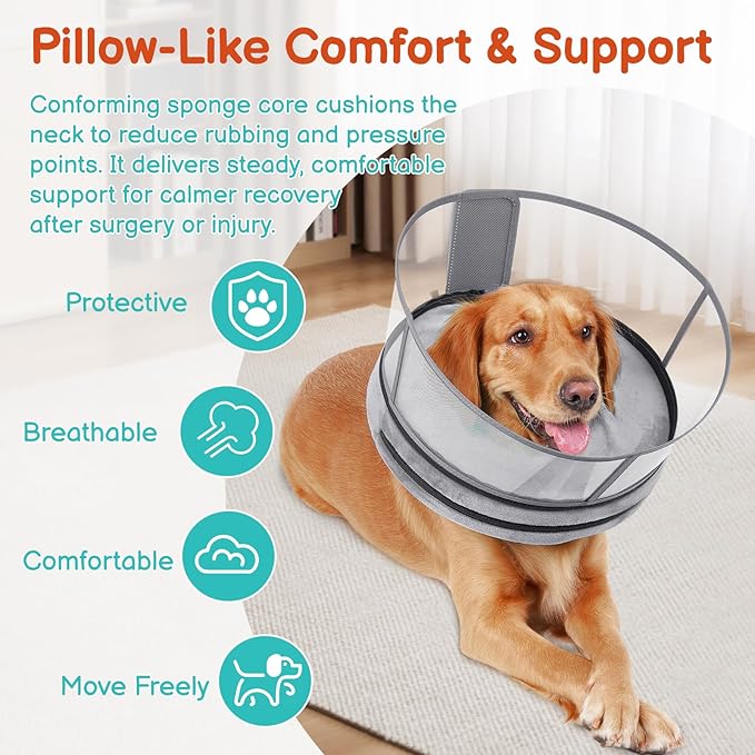 Sponge Dog Cone After Surgery, No Inflation Required Dog Donut Collar to Stop Licking, Inflatable Cone Alternatives for Large Pets, Soft Recovery Collar with Protective Shield (Grey, XXL)