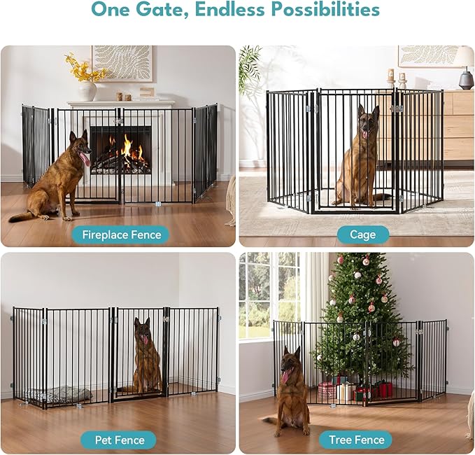 No Pawblems Free Standing Dog Gate with Door, 36'' Tall Foldable Dog Fence for Indoor & Outdoor, Up to 104 Inch Extra Wide Puppy Gate for Stairs, Hallways, Doorways, Deck, Yard (Black, 4 Panels)