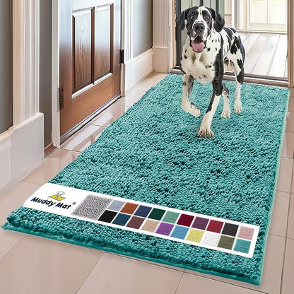 Muddy Mat® | Super Absorbent Door Mat Indoor, Microfiber Quick Dry Chenille Entryway Rug, Non-Slip Front Door Mat, Indoor Mats for Entryway, Machine Washable Pet Rug, Teal 24" x 96"