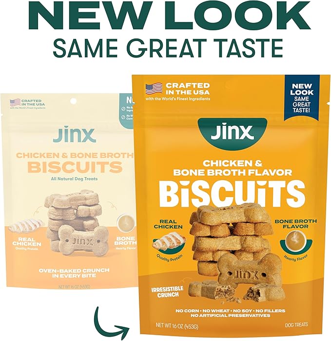 Jinx Oven-Baked Chicken Bone Broth Biscuit Treats, Crunchy, All Natural, Superfood-Rich with Real Chicken, Pumpkin & Blueberries, 16oz
