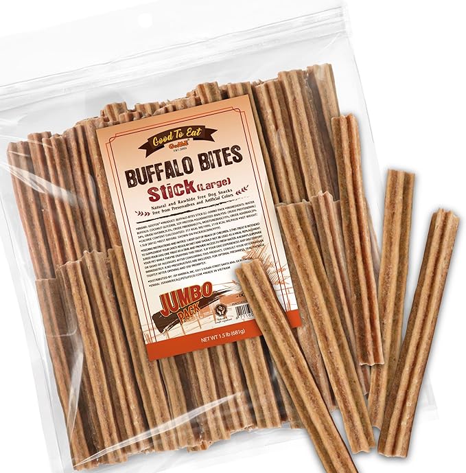 Gootoe Buffalo Dog Treats, Natural Low-Fat Chews for Training & Rewards, Limited Ingredient, Puppy Treats for Medium Dogs, Resealable Bag, Buffalo Bites Stick (Large), 1.5 lb