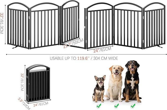 Folding No-Assembly Freestanding Dog Gate with Door,32" Heights Foldable Pet Fence,144" Extra Wide Accordion Puppy Folding Playpen for Doorways,House,Stairs (6 Panels,Black)