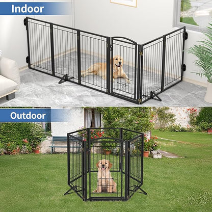 Metal Free Standing Dog Gate with Cat Door for Indoor/Outdoor,120" Extra Wide Foldable Pet Gate,32" Tall Foldable Indoor Dog Fence for Large Openings Stairs,Deck,Yard,Doorways(6 Panels,Black)