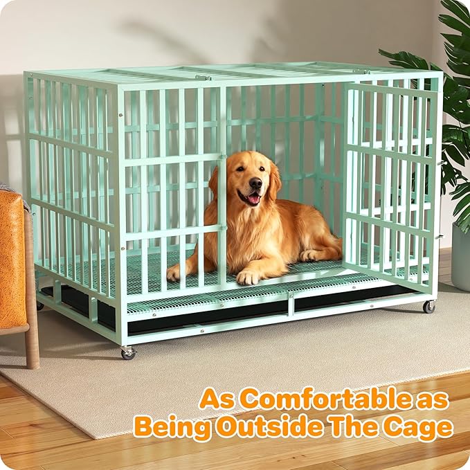 Hiwokk 48 Inch Heavy Duty Dog Crate, Indestructible Escape-Proof Dog Kennel for High Anxiety Large Dogs, Strong Metal Pet Cage with Double Doors, Lockable Wheels & Removable Tray, XL XXL XXXL
