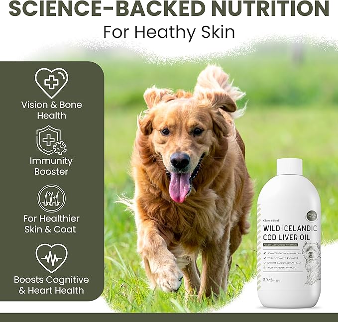 Pure Cod Liver Oil for Dogs - 16 oz - Contains Omega 3, Omega 6, Vitamin A, and Vitamin D to Reduce Itching and Promote Skin and Coat, Heart, Joint, and Immune Health - Pump Cap Bottle