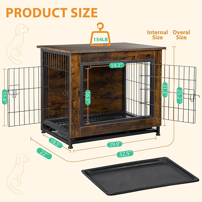 Shintenchi Dog Crate Furniture, Double-Doors Kennel Indoor with Removable Tray, End Table Dog House for Small Medium Breed, 32.5" L, Brown
