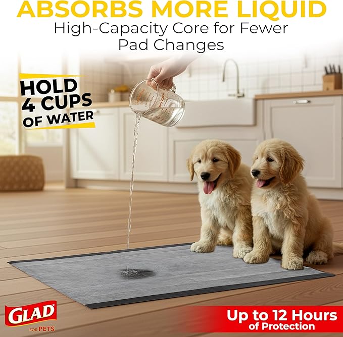 Glad for Pets Extra Large Charcoal Dog Training Pads, Absorbent Leak Proof Pee Pads for Dogs and Puppies, Odor Control Potty Pads with Activated Carbon, 28 x 30 Inches, 30 Count - 6 Pack