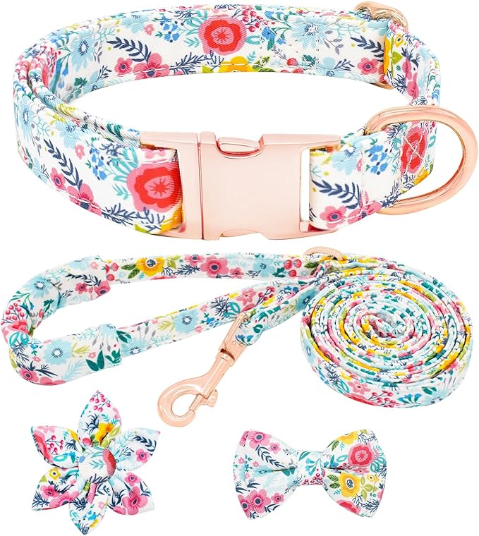 Dog Collar and Leash Set Girls Adjustable Puppy Collars with Floral Bow Tie for Small Medium Large Female Dogs, Teal Flower, L