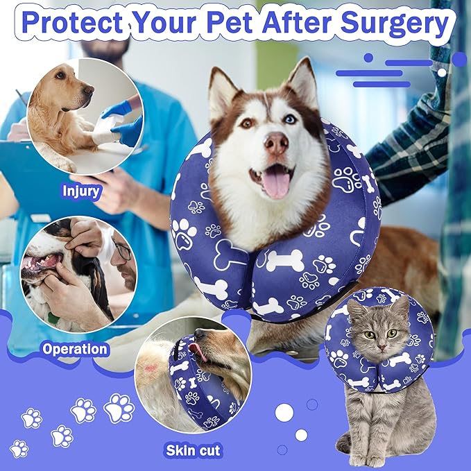 Recovery Donut Collar for Dogs & Cat,Inflatable Dog Cone Collar Alternative After Surgery,Soft Cone for Large Medium Small Dog,Adjustable Pet Neck Donut(Darkblue Bone,Small