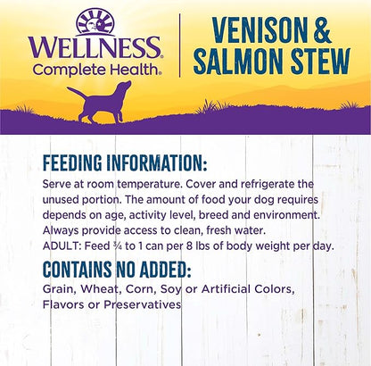 Wellness Complete Health Stew Adult Canned Wet Dog Food, Grain Free, Natural, Venison and Salmon Recipe, 12.5 oz, Pack of 12 Cans