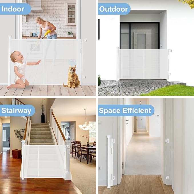 150 inches Retractable Baby Gate, 34 inches Tall Extra Wide Safety Gate for Large Hallways, Open Areas, Pet Zones, Durable Mesh Gate for Kids and Dogs, White