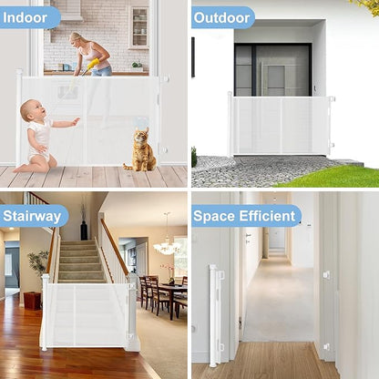 150 inches Retractable Baby Gate, 34 inches Tall Extra Wide Safety Gate for Large Hallways, Open Areas, Pet Zones, Durable Mesh Gate for Kids and Dogs, White