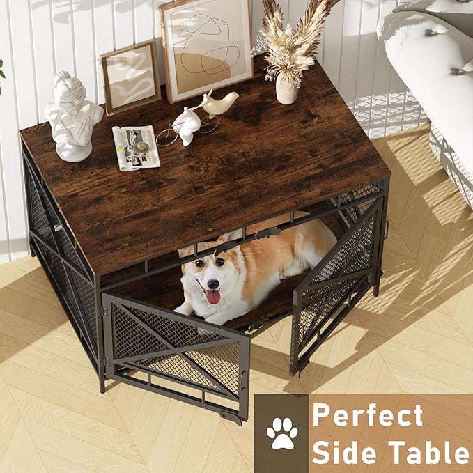 Dog Crate Furniture, Wooden Dog Kennel Table, Heavy Duty Large Indoor Dog House with Three Doors, 43" Large Size (Retro Brown)