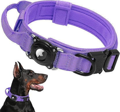 Waterproof AirTag 2nd 2026 & AirTags 1st 2021 Dog Collar - Tactical Military Collar with Secure Hard PC Holder & Comfort Handle for Medium Large Dogs,Smart ID tag (Purple, L)