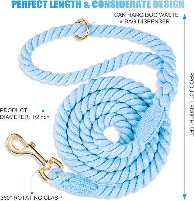Dog Leash 5 FT Handmade Braided Cotton Rope Leashes for Small Medium and Large Dogs, New Golden Heavy Duty Metal Clasp, Light Blue