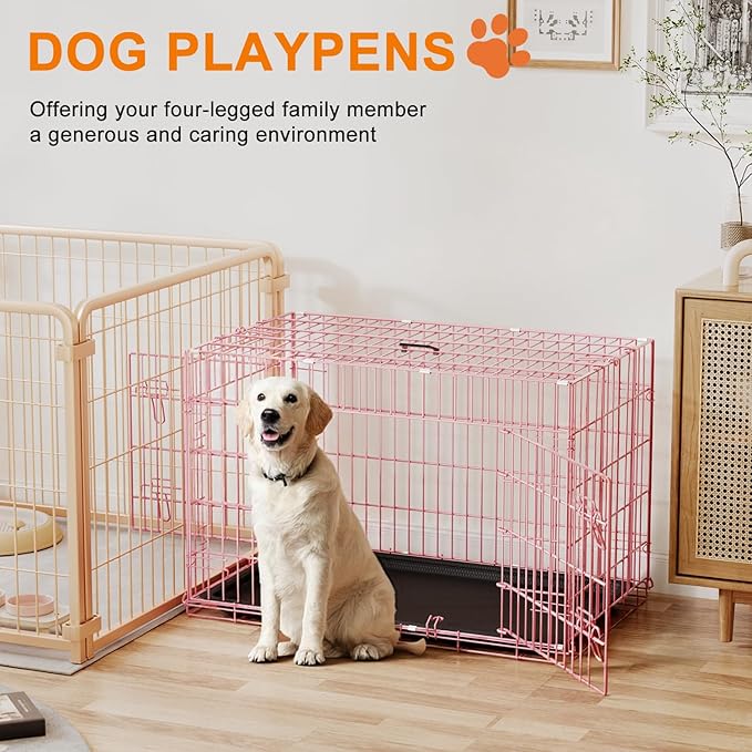 FDW Dog Crate 36inch Dog Cage Foldable Metal Kennel with Leakproof Tray Foldable Design Indoor Outdoor Use for Medium Dogs,Pink