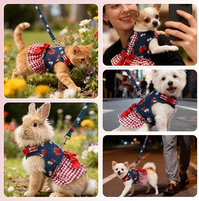 EXPAWLORER Dog Harness Small Medium Sized Dogs, Plaid Dog Dress Bowknot Harness and Leash Set, No Choke No Pull Soft Mesh Vest Cute Princess Puppy Outfits Clothes Costume for Girls Party Cats Navy XS