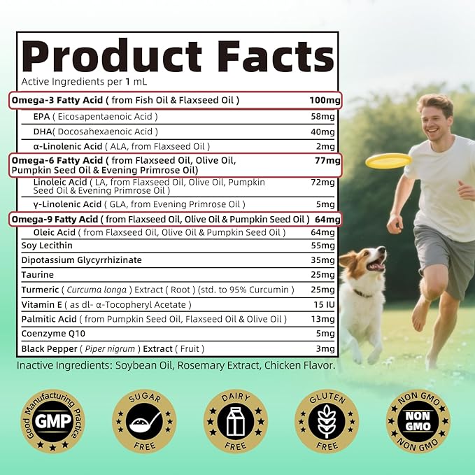 Allergy & Immune Supplement for Dogs - Omega 3-6-9 Liquid Drops for Seasonal Allergy Support, Skin Itch Relief, Less Shedding, Coat Health - with Biotin, Turmeric - Chicken Flavor - 2 FL.OZ