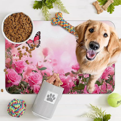 Rose Pink Dog Cat Food Mat,Butterfly Absorbent Pet Feeding Mat for Food and Water,Non-Slip Dog Bowl Mats Floor Protector 12"x20"