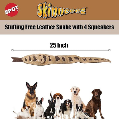 SPOT Skinneeez Leather Snake – 25in Stuffing-Free Dog Toy with Real Leather & 4 Squeakers, Durable Tug Toy for Light to Moderate Chewers, Great for Medium & Large Dogs