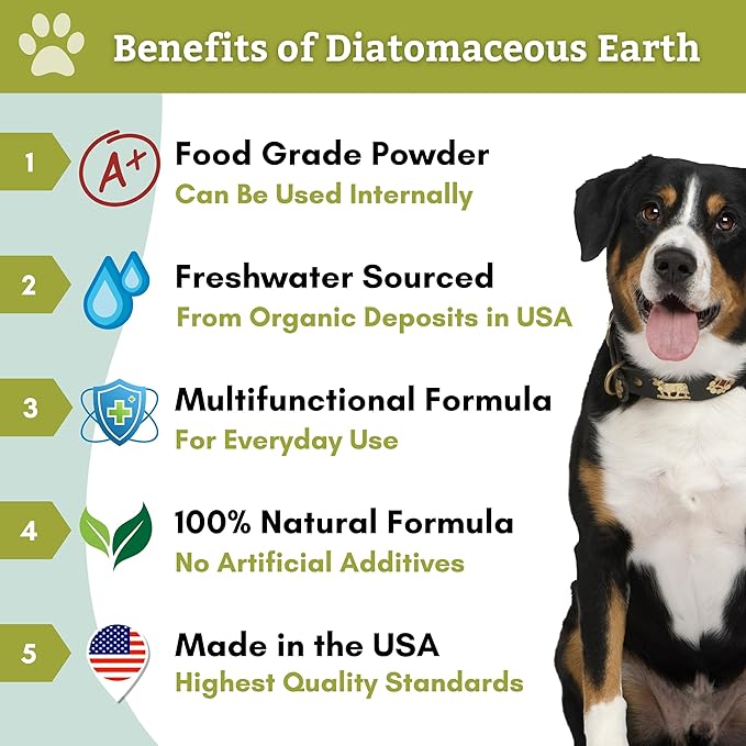 Wholistic Pet Organics Diatomaceous Earth - Food Grade for Dogs & Cats - 13 Oz - Multi Use Powder - Pet Safe Non-Chemical Freshwater Sourced Silica Supports Overall Health - Made in USA - 105 Scoops