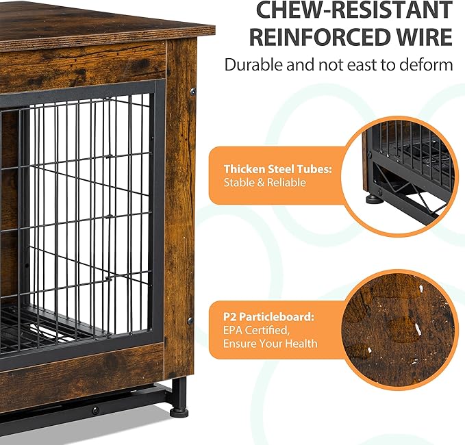 Shintenchi Wooden Dog Crate Furniture for Large Breed, L Double-Door Kennel Indoor with Removable Tray, End Table L Dog Crate for Decoration, 38.6" L, Brown