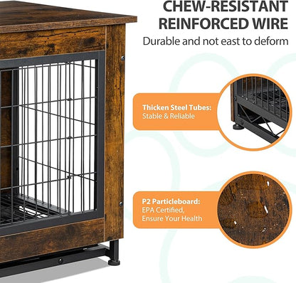 Shintenchi Wooden Dog Crate Furniture for Large Breed, L Double-Door Kennel Indoor with Removable Tray, End Table L Dog Crate for Decoration, 44.1" L, Brown