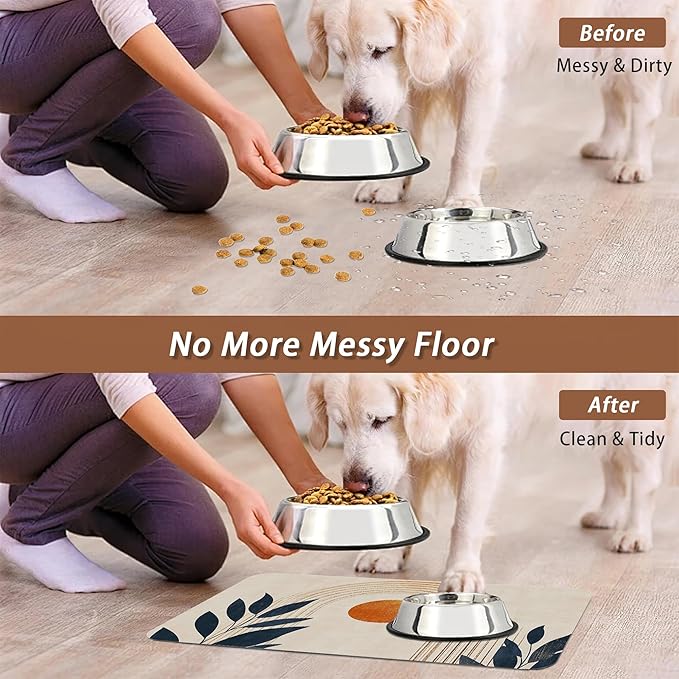 Sun Boho Leaf Dog Cat Food Mat,Absorbent Pet Feeding Mat for Food and Water,Non-Slip Dog Bowl Mats Floor Protector 16"x24"