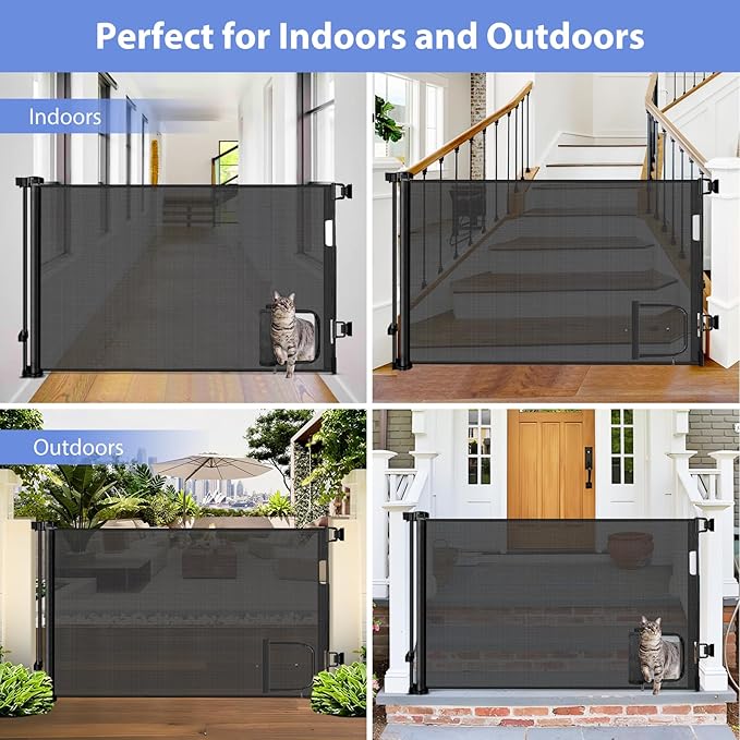 Retractable Baby Gates with Door 55" Wide Retractable Dog Gate with Pet Door Outdoor Retractable Gate for Dogs Mesh Baby Gate Retractable Pet Gate with Cat Door Retractable Child Gates for Doorways