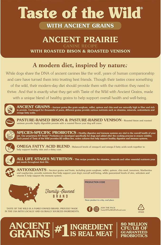 Taste of the Wild with Ancient Grains, Ancient Prairie Canine Recipe with Roasted Bison and Venison Dry Dog Food, Made with High Protein from Real Meat and Guaranteed Nutrients and Probiotics 28lb