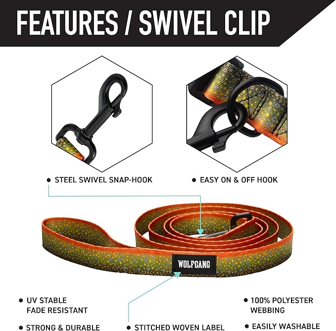 Wolfgang Heavy Duty Dog Leash, Pull-Tested for Walking & Training, BrookTrout Print, Small