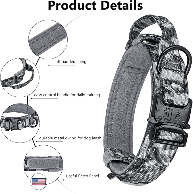 DAGANXI Tactical Dog Collar, Adjustable Military Training Nylon Dog Collar with Control Handle and Heavy Metal Buckle for Medium and Large Dogs, with Patches and Airtags Case (M, Camo-Set)