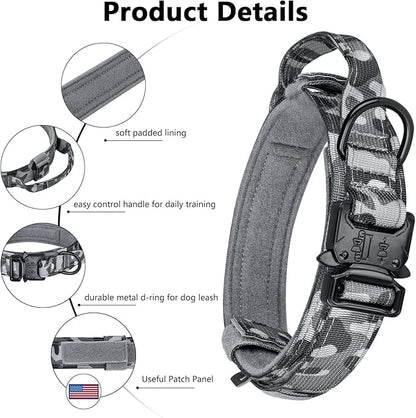 DAGANXI Tactical Dog Collar, Adjustable Military Training Nylon Dog Collar with Control Handle and Heavy Metal Buckle for Medium and Large Dogs, with Patches and Airtags Case (L, Camo)