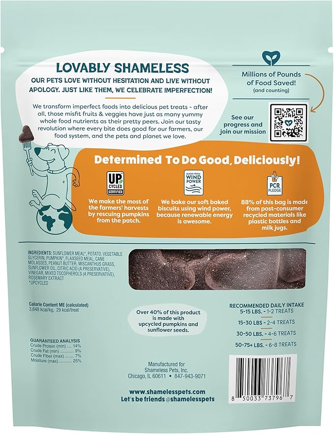 Shameless Pets Soft-Baked Dog Treats, Pumpkin Nut Partay - Natural & Healthy Chews for Digestive Support with Fiber - Doggy Biscuits Baked & Made in USA, Free from Grain, Corn & Soy - 1 Pound 1Pack